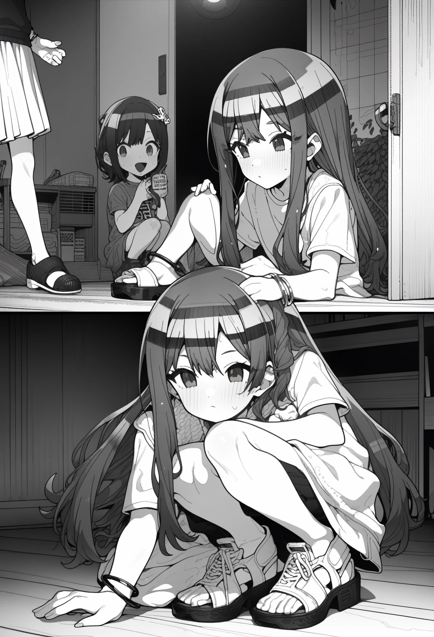 1girl, rei \(rei's room\), moketa, erere, idolmaster, official art, gakuen idolmaster, shinosawa hiro, aged down, bracelet, hand on another's leg, jewelry, long hair, sandals, shoes, sneakers, squatting, very long hair, absurdres, greyscale, hatching \(texture\), depth of field, ((very aesthetic, best quality, ultra detailed)), best quality, newest, 2023, manga illustration