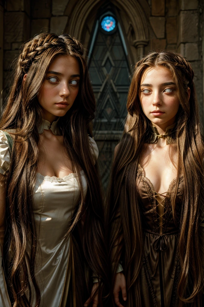 2 Italian girls with Rapunzel Hair, Hourglass figure, a mind control device on their heads, blank eyes