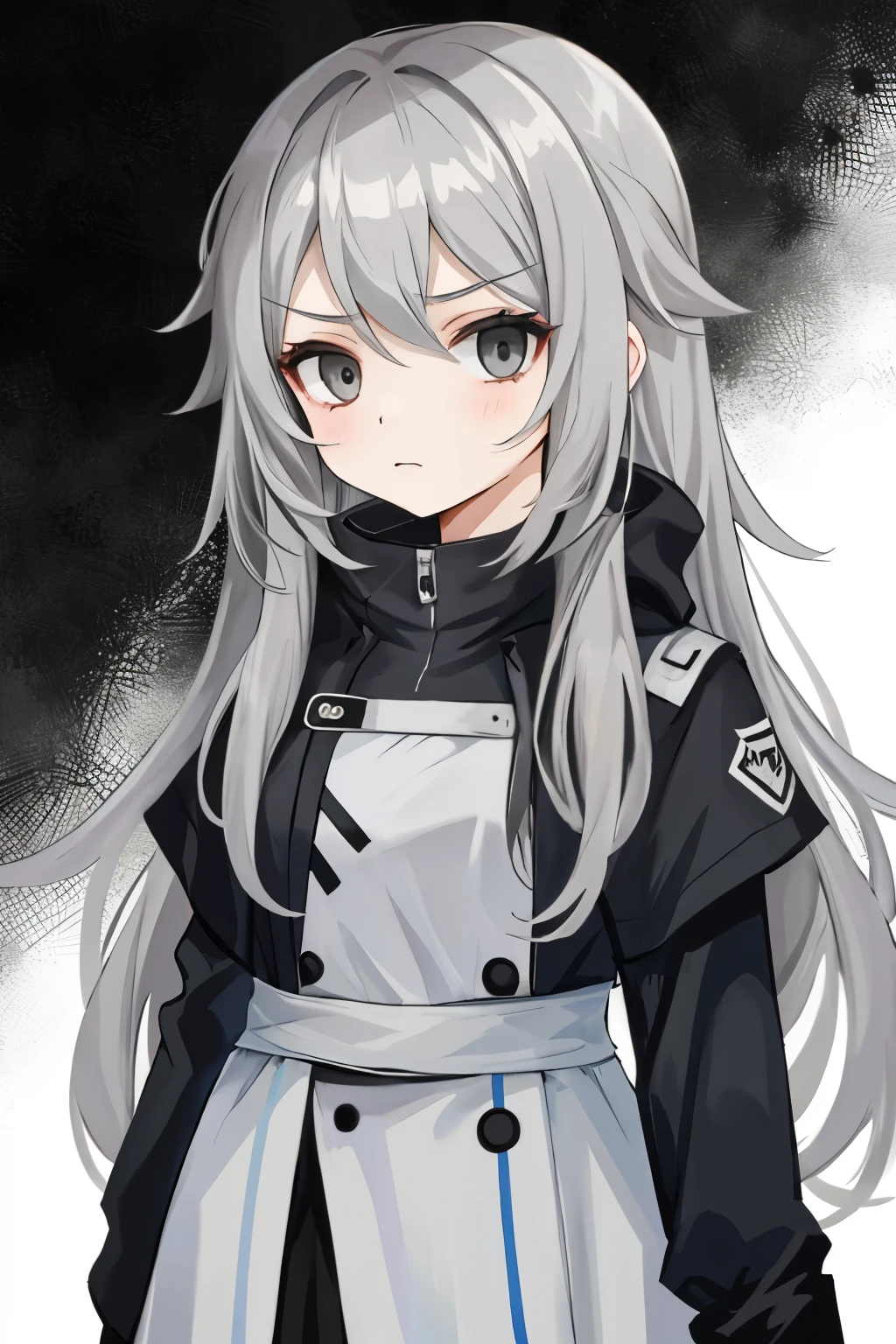 young girl with long light grey hair, grey eyes, and has an apathetic expression on her face