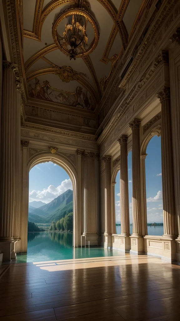 meeting room for mystical beings where there is a lake inside the room for the mermaids of a rococo style castle