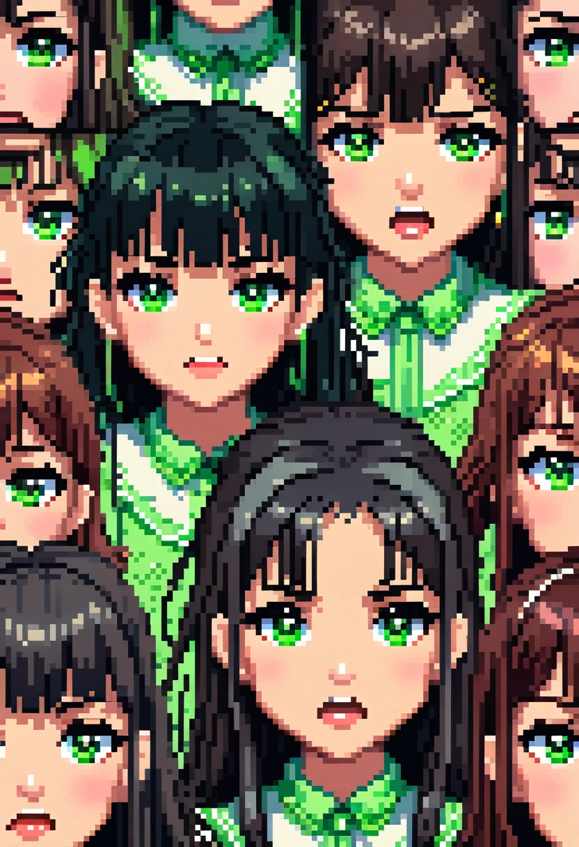 pixel art, several heads of a girl with dark hair and bangs and green eyes that all show different and extreme expressions of emotions