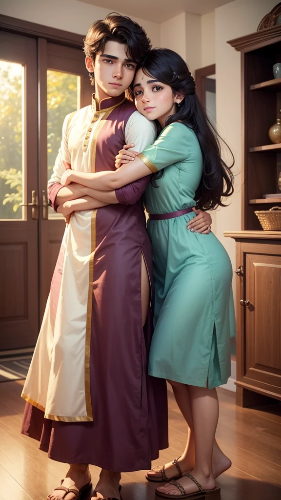 One beautiful girl and beautiful Boy are stand in living Room and hugging each other and face not looking in camera,
expression is happy , girl clothes is a Kurtis ,