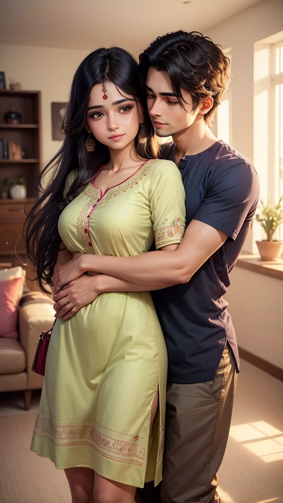 One beautiful girl and beautiful Boy are stand in living Room and  hugging each other and face not looking in camera,
expression is happy  , girl clothes is a Kurtis  ,