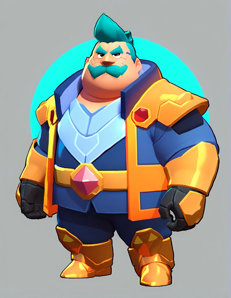 an obese businessman, in a blue suit, blue cyberpunk hairstyle and mustache, in gold armor encrusted with diamonds