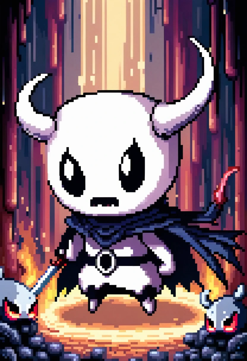 pixel art, the cute little hollow knight being angry with an angry mark