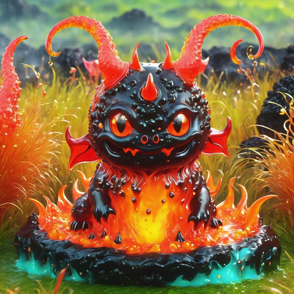 best quality, very good, 1.60,000, ridiculous, Extremely detailed, Cute slime devil，Has horns made of translucent boiling lava, Background grassland ((A masterpiece full of fantasy elements))), ((Best quality)), ((Intricate details)) (8K), ((best quality)), ((Intricate details)) (8K)