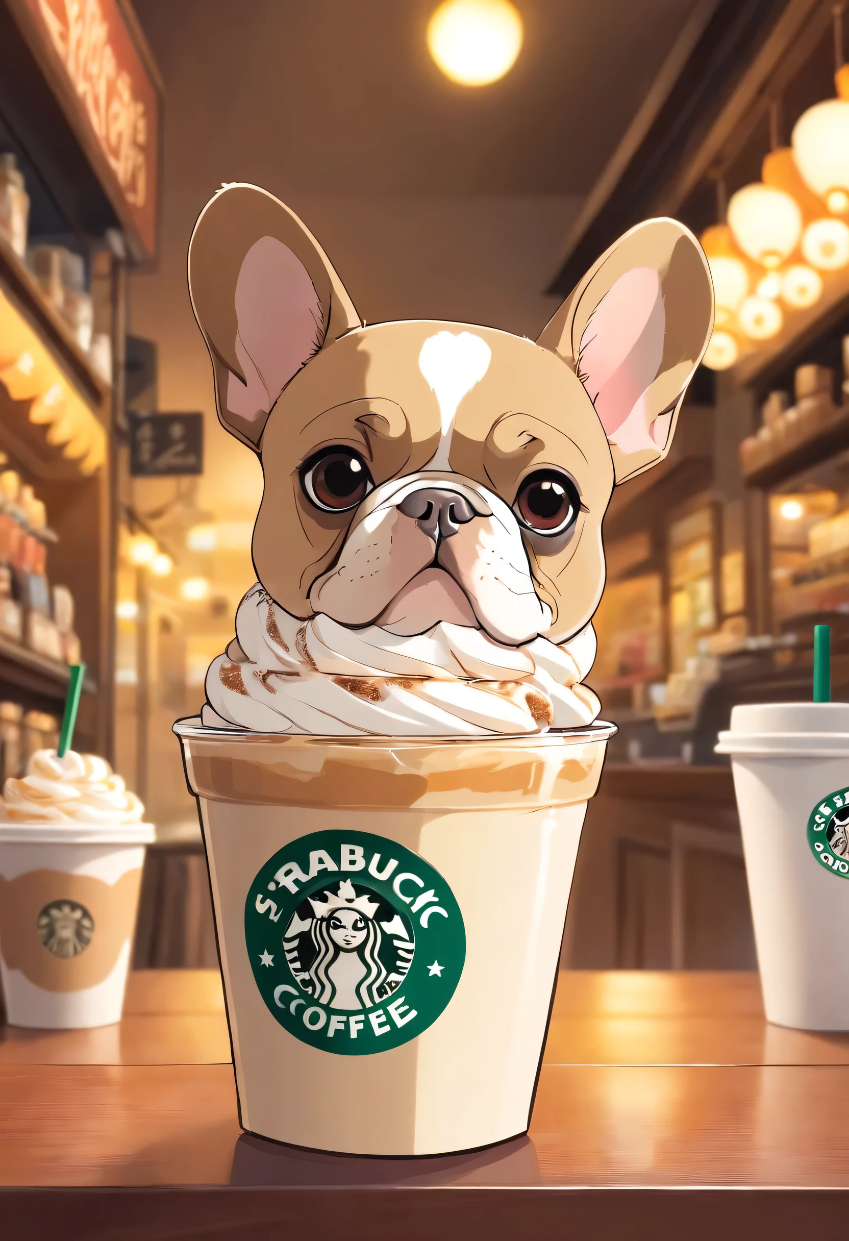 single, French bulldog shaped cartoon mug., Starbucks-style colorful fraappuccino, french bulldog logo.