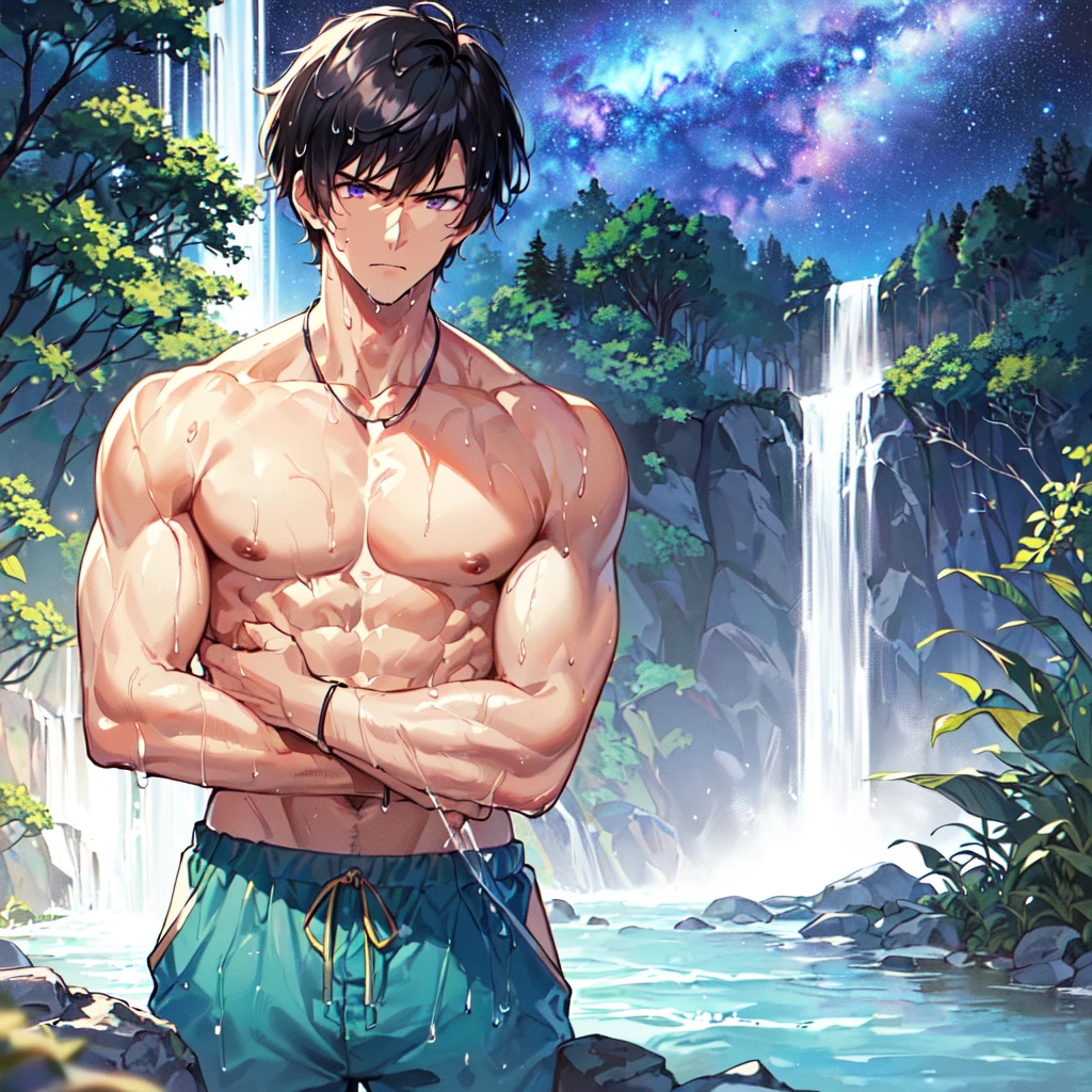 masterpiece,best quality,high quality,extremely detailed,(2male austere handsome two adult age 30 years old:1.5),(purple eyes, cool with suspended eyes), body strong and fearless 8.5 head tall and 185cm tall,(well-groomed black hair short hair to neck:1.4), (bangs parted in thirds:1.4), (pectoral and rectus abdominis muscles:1.3), slender nose, facial muscles, (boxer saltwater pants: 1.3), (hugging: 1.3), (scowling: 1.3), (bathing and wet: 1.3), (stylish pose), (background summer river, waterfall and forest: 1.3), (Milky Way Night Sky: 1.3), (upper body:1.3)