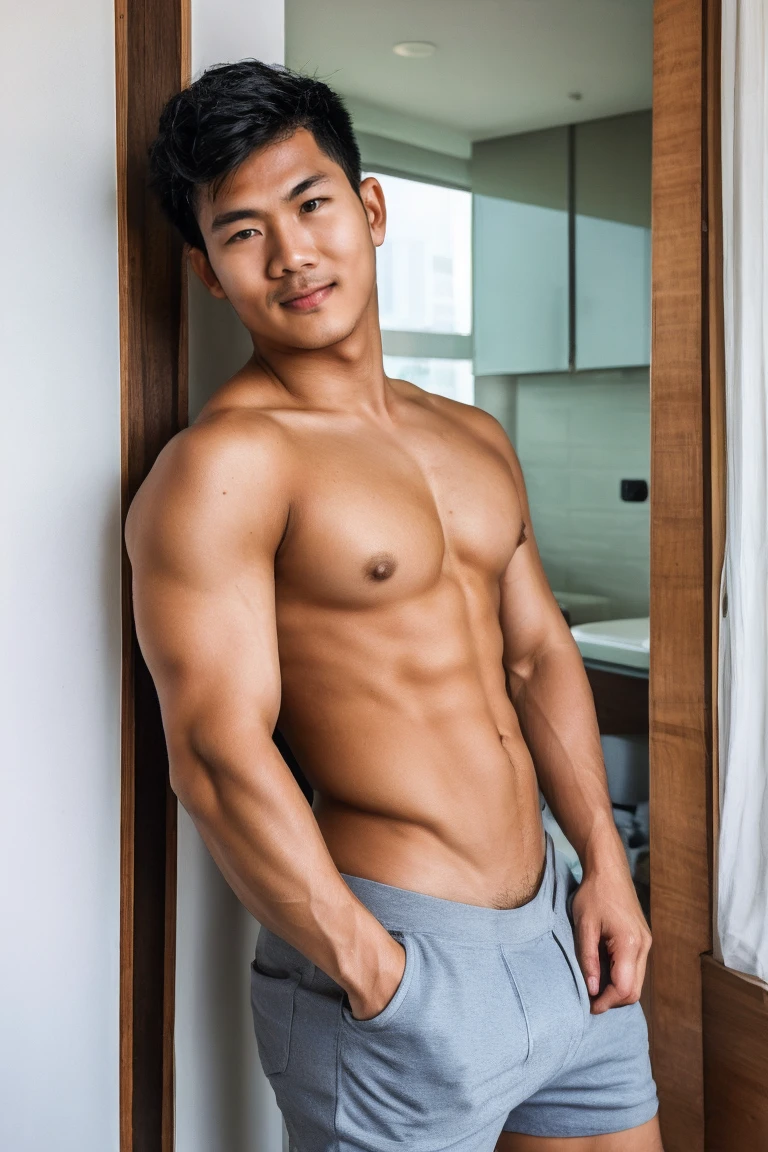 wavy bangs hair, thai guy,27 age,at condo, (very lean :1.2)
