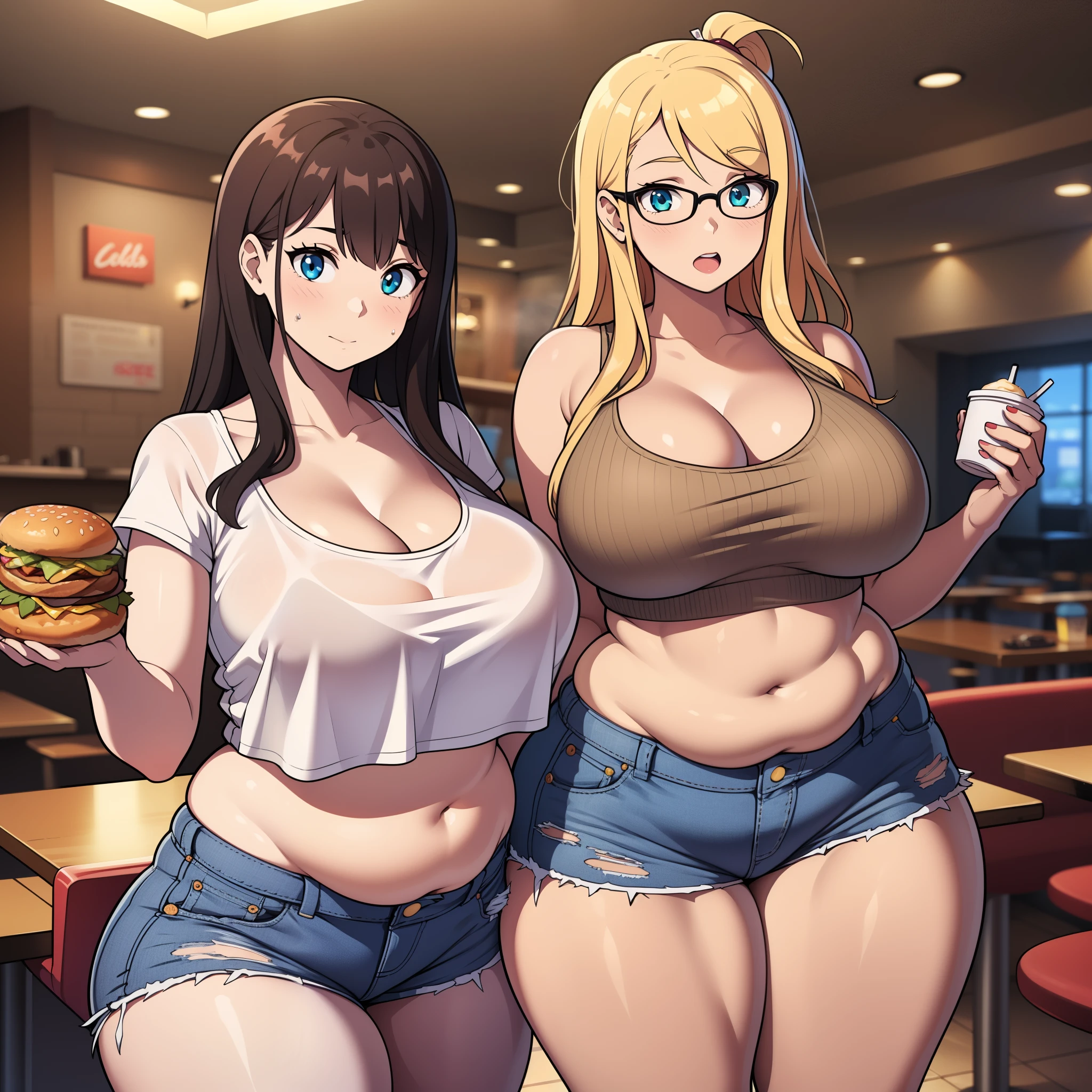 ((highres)), Masterpiece, high quality, best quality, beautiful, perfect lighting, detailed face, ultra cute face, ((2girls)), one girl has blonde hair, blue eyes, crop top and shorts skindentation, one girl has brown hair, green eyes, jeans, white shirt, thighs clothes, full body, fast food restaurant, medium breasts, perky breasts, cleavage, ((wide hips)), ((thick thighs)), ass, ((plump)), chubby belly, fat folds, standing next to each other,