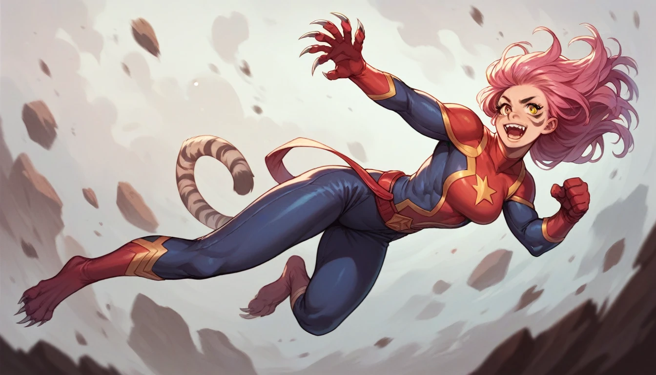 Werewolf girl with metal claws pink hair super hero costume tiger eyes flying in air realistic 