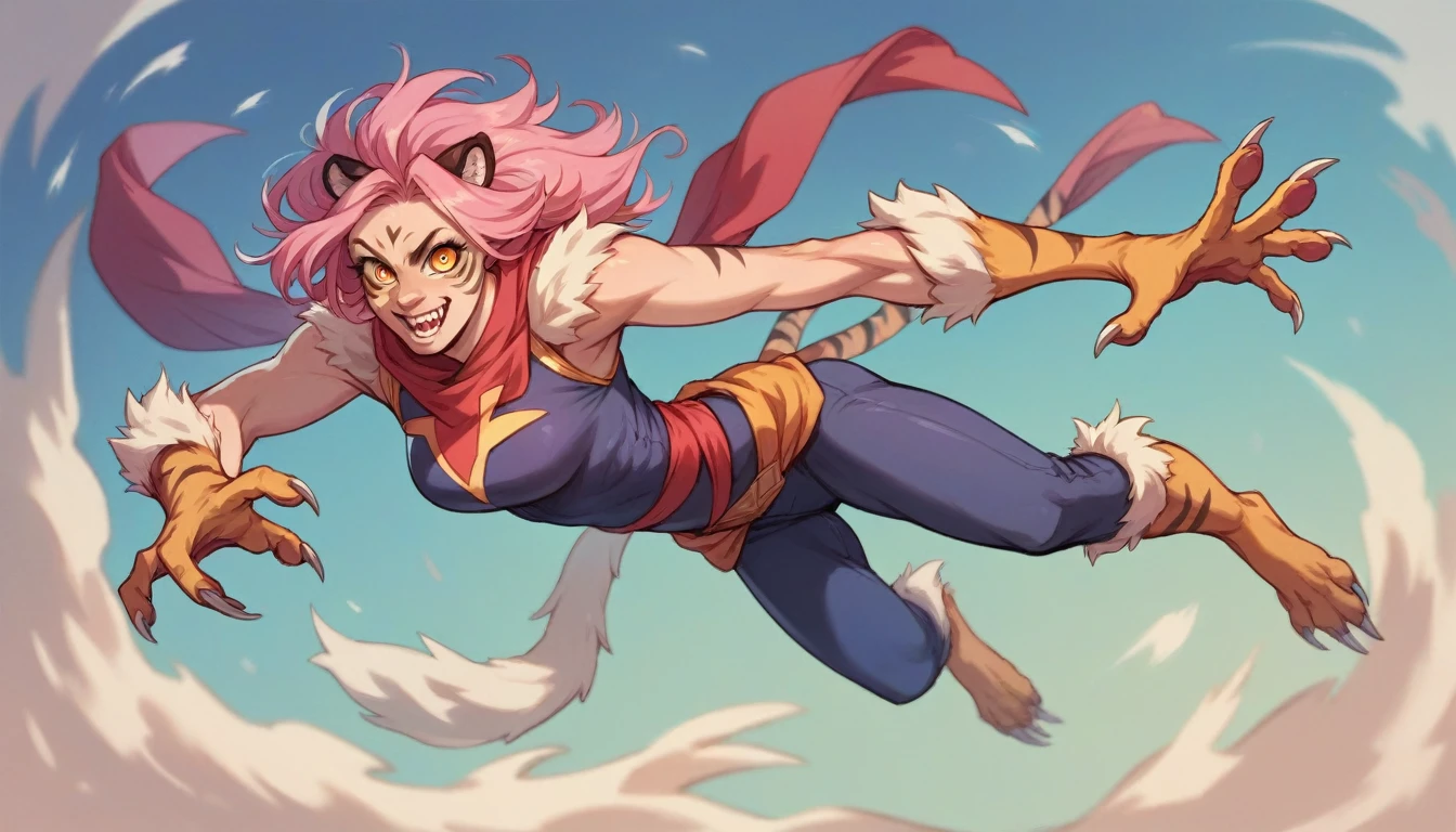 Werewolf girl with metal claws pink hair super hero costume tiger eyes flying in air realistic
