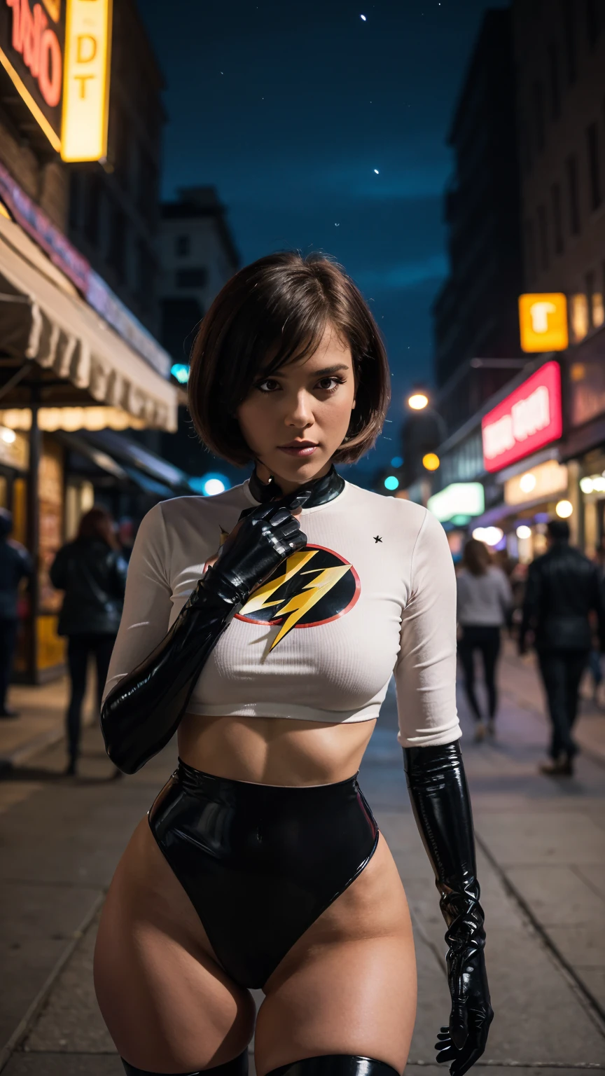 Masterpiece, (photorealistic1.4),Best quality, (solo), (1girl on night street)), (epiCRealLife), (lora:epiCFlashPhoto), (photorealistic1.4), (night scene), (night sky), (Helen Parr latex costume), (dakojohnold ), black elbow gloves), (black thighhigh),), (short hair), (helen parr hairstyle), (outside patio), (1girl), (look at viewer), (demure), (close up), (spot light), (flashphoto, flash photography), (night time), (at night), (f/2.8), (cowboy shots), (upper body shot), (from front), (new york night street), (neon signs)