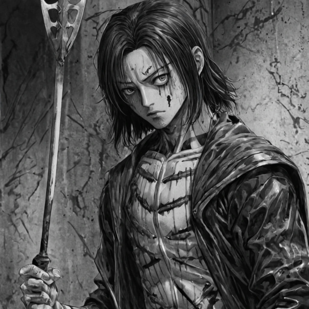 armor and spear, blood, (anime), bizarre scenario, This is Junji, Yusuke Murata, black and white, 8K, anime, horror