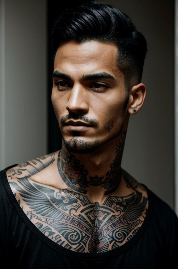(Alone) mature man, serious expression, outfit (naked), tattoos on arms, chains and earrings, black fur, and perfect face, perfect and muscular body