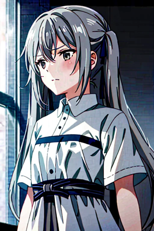 young girl with long light grey hair, grey eyes, and has an apathetic expression on her face