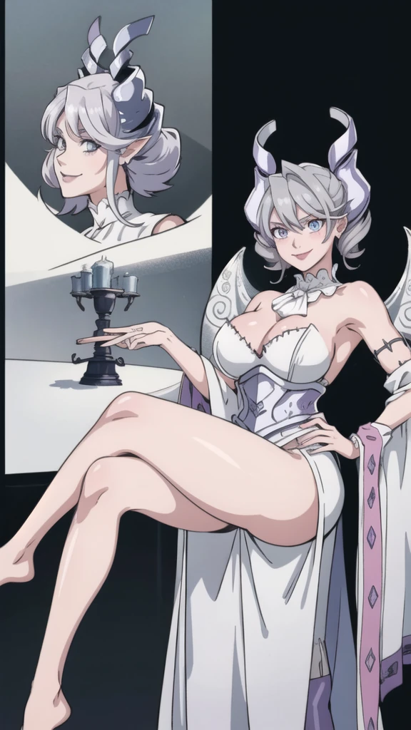 High level image quality best image quality 8K adult woman silver castle outside more colors whole body view portrait horn ears short hair((shortcut)(gray hair)(perm)(fluffy)) eye color is blue , , attractive evil face , smile , sexy pose , labrynth , barearm , wearing pink , large wings , standing , crossed legs, view foot arc , view behind