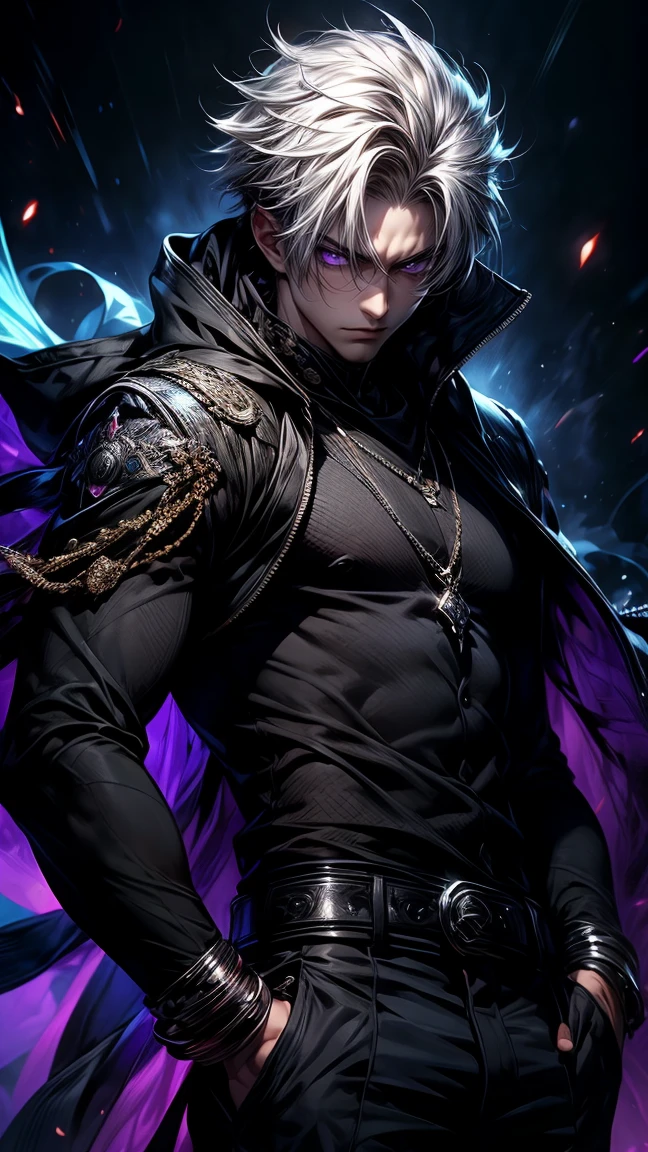 Masterpiece, best quality, high resolution, highly detailed, 1  boy ( teenaoung handsome face,  white hair ( light in the hair), purple eyes ( glowing eyes ), cold expression ( cold look ), wearing a black hoodie, and black pants, black watch, surrounded by the splendors of the universe, pay attention to stunning details, and achieve a resolution of 64k, floating in a dynamic pose, high quality, with a majestic aura of authority.