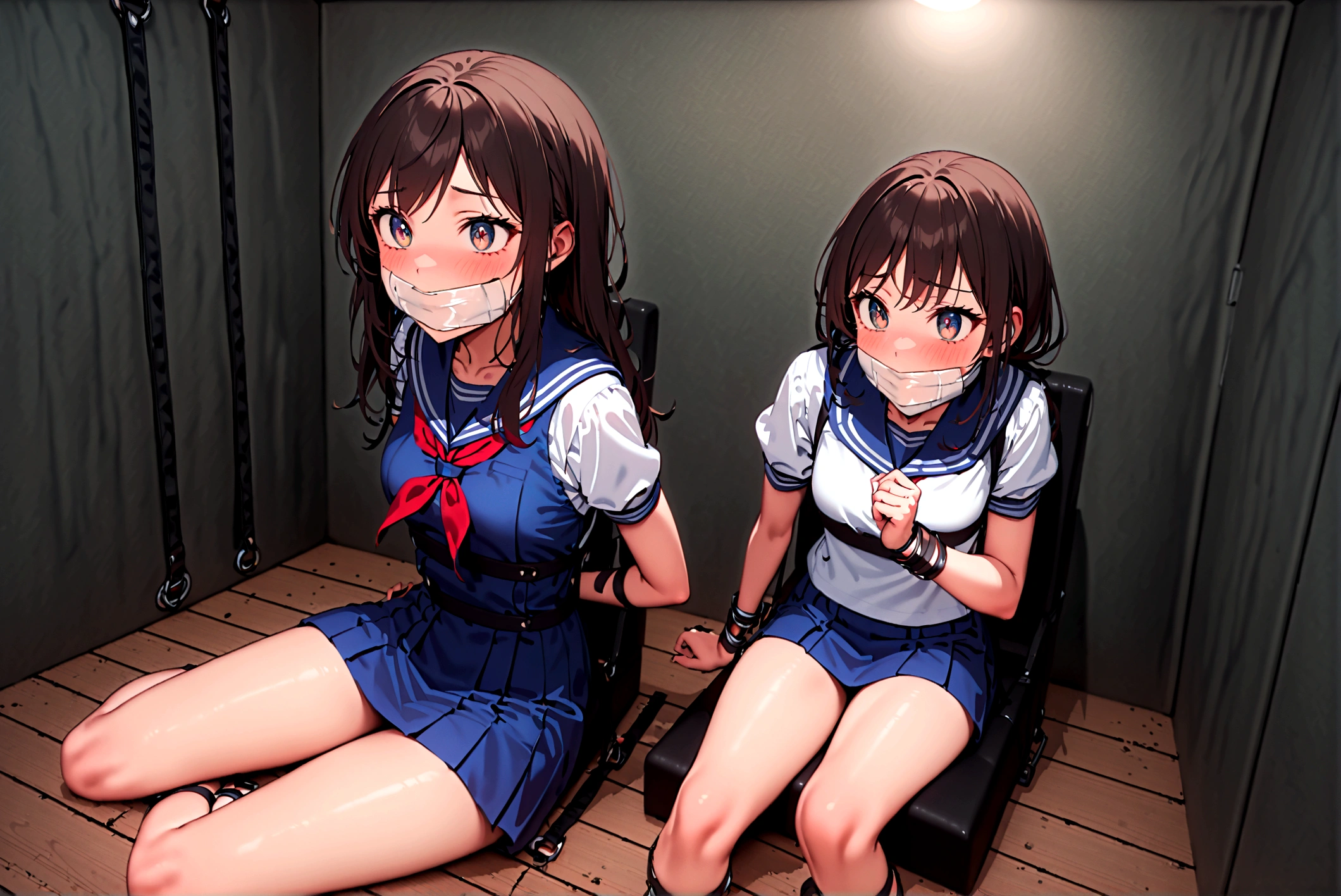 1 girl, ((inside tiny room, strapped to chairs)), (sitting:1.5), (bondage chair:1.5), (blushing:1.5), (open legs:1.5), ((basement, metal room)), (((2 girls, group of girls))), (inside torture room), arms to sides , wrist cuffs, ankle cuffs, (((stuffed tape gag, struggling))), ((short sleeves, sailor uniform, mini skirt, tight clohing, shoeless)), arms to sides, long hair, dark hair, saphire eyes, perfect body, perfect face, detailed face, detailed eyes, 16K