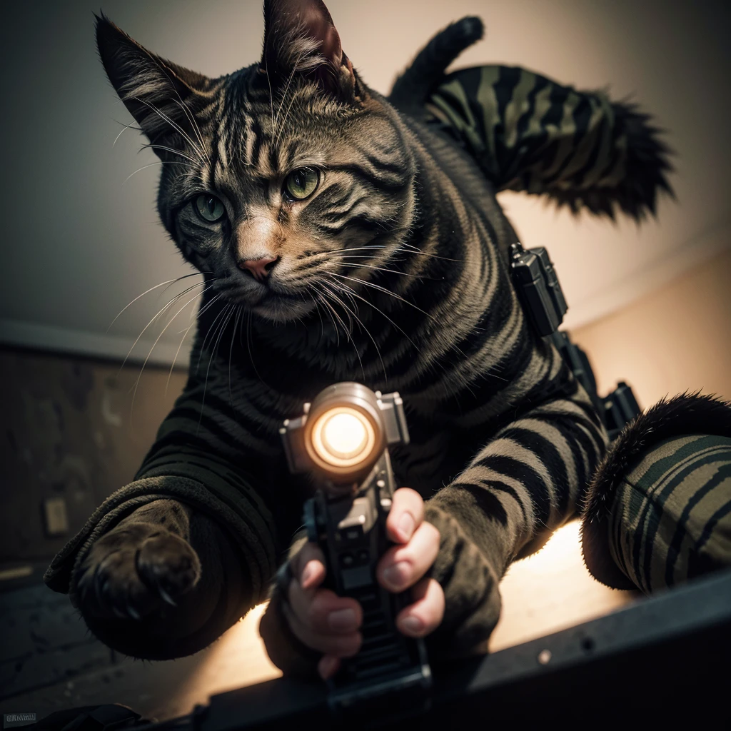 a military cat with a pink bow and an AK47 in its paw, detailed realistic 3D render, highly detailed, photorealistic, sharp focus, studio lighting, vivid colors, beautiful face, extremely detailed eyes and face, longeyelashes, military uniform, tactical gear, weapon, explosive action scene, cinematic lighting, dramatic atmosphere, gritty and grungy, dark shadows, moody lighting
