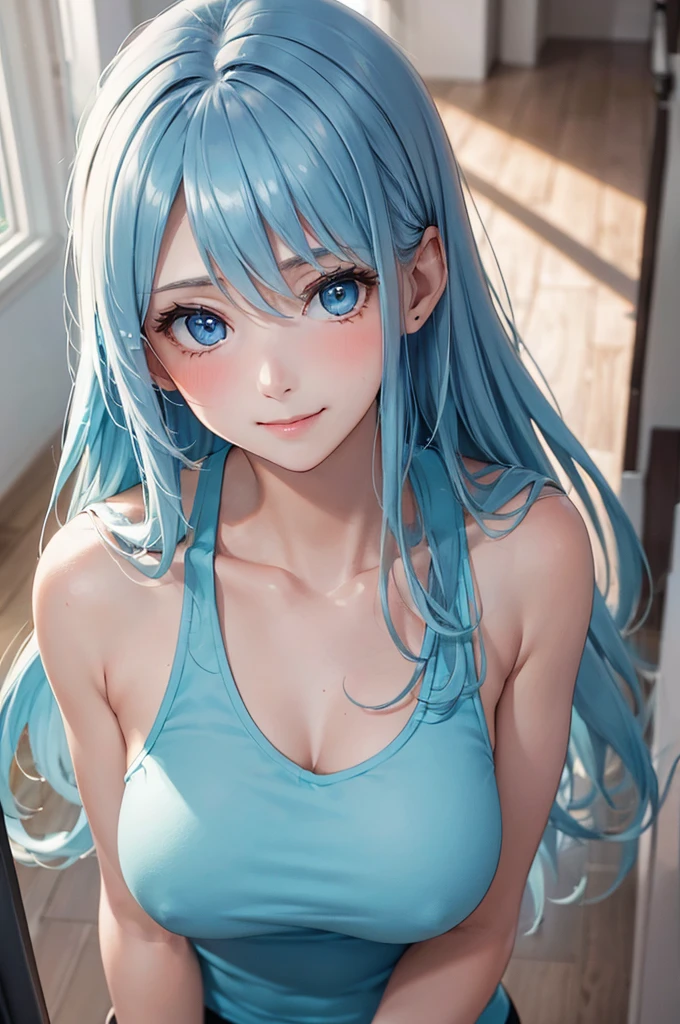 (Best Quality,High resolution,8K,finelity detailed background,Masterpiece:1.2),beautiful girl,Shiny light blue hair,messy hair,Light blue eyes,Gentle look,A refreshing look,Best quality,Best Quality,Aesthetic and aesthetic:1.2,Best details((Super detailed))(High-definition CG illustrations),Tank top,Training wear,Slender body,Training Gym,smile,blush,cute,Scrounge,Looking up,Being spoiled,super model,shoot from above