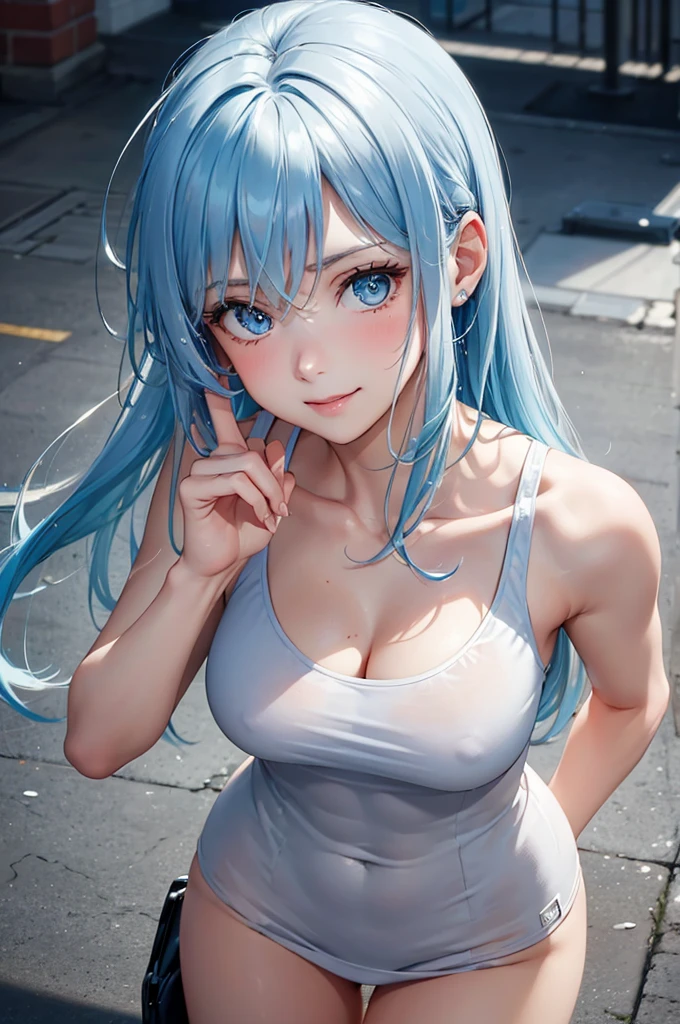 (Best Quality,High resolution,8K,finelity detailed background,Masterpiece:1.2),beautiful girl,Shiny light blue hair,messy hair,Light blue eyes,Gentle look,A refreshing look,Best quality,Best Quality,Aesthetic and aesthetic:1.2,Best details((Super detailed))(High-definition CG illustrations),Tank top,Training wear,Slender body,Training Gym,smile,blush,cute,Scrounge,Looking up,Being spoiled,super model,shoot from above