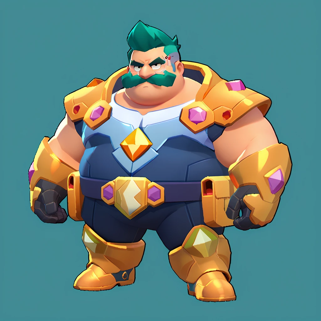 an obese businessman, in a blue suit, blue cyberpunk hairstyle and mustache, in gold armor encrusted with diamonds