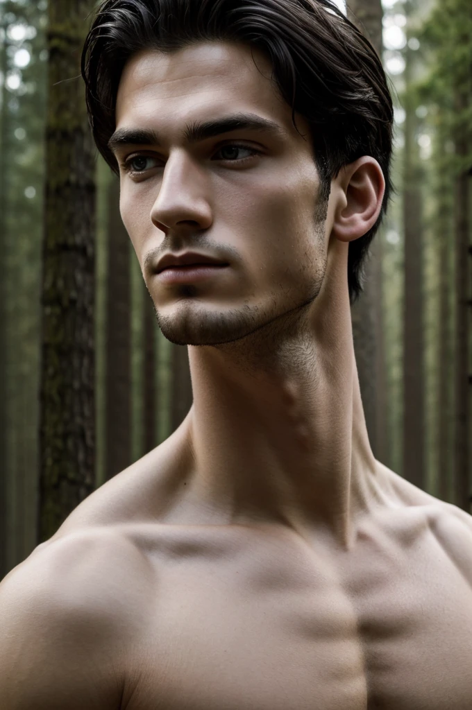 Portrait of a young man, artistic portrait, forest is heavy and misty, Europe, euroyoung guy, European young guy, handsome, young guy, Heterosexual, cinematographic, bright, strong jaw, Toned body, greek face, handsome young guy, handsome supermodel greek, strong jaw, torso complaint, Toned body, greek face, handsome young guy, supermodel young guy, Cinematic, perfection, Masterpiece, Photoshoot, black hair with some dyed white like clouds, pale skin, eyes black as night, focus is your face and body, focus on the young guy, illuminated face.