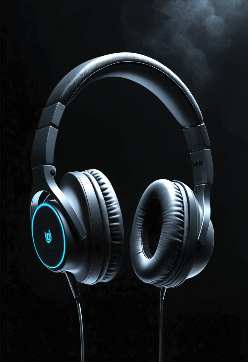 headphones, in a dark atmosphere, headphones минималистичные, minimalistic style, стильный design, cold haze, design, dark blurred background, headphones
