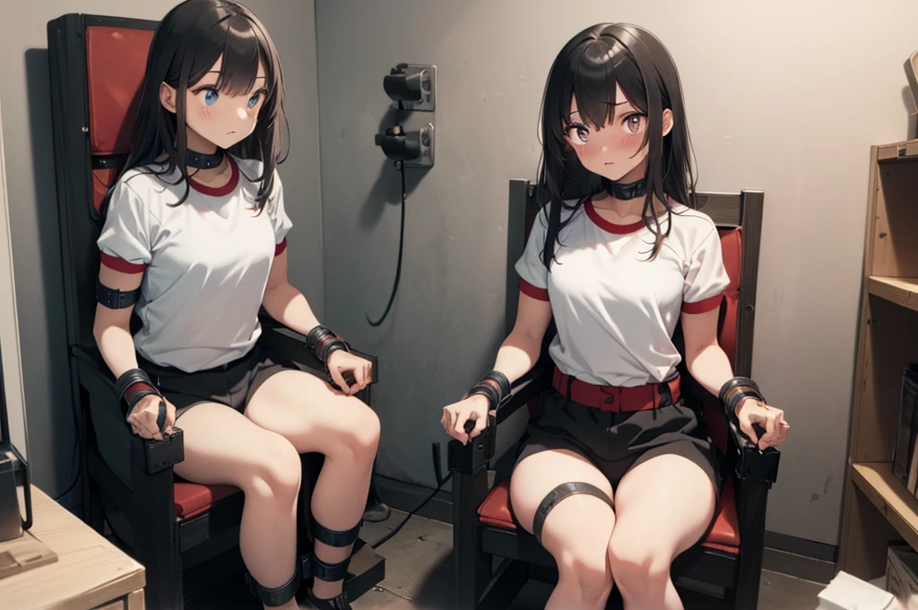 3 girls, ((inside tiny room, strapped to chairs)), (sitting:1.5), (bondage chair:1.5), (blushing:1.5), (open legs:1.5), ((basement, metal room)), (((3 girls, group of girls))), (inside torture room), arms to sides , wrist cuffs, ankle cuffs, (((shocked expression, struggling))), ((short sleeve, gym uniform, tight clohing)), arms to sides, long hair, dark hair, saphire eyes, perfect body, perfect face, detailed face, detailed eyes, 16K