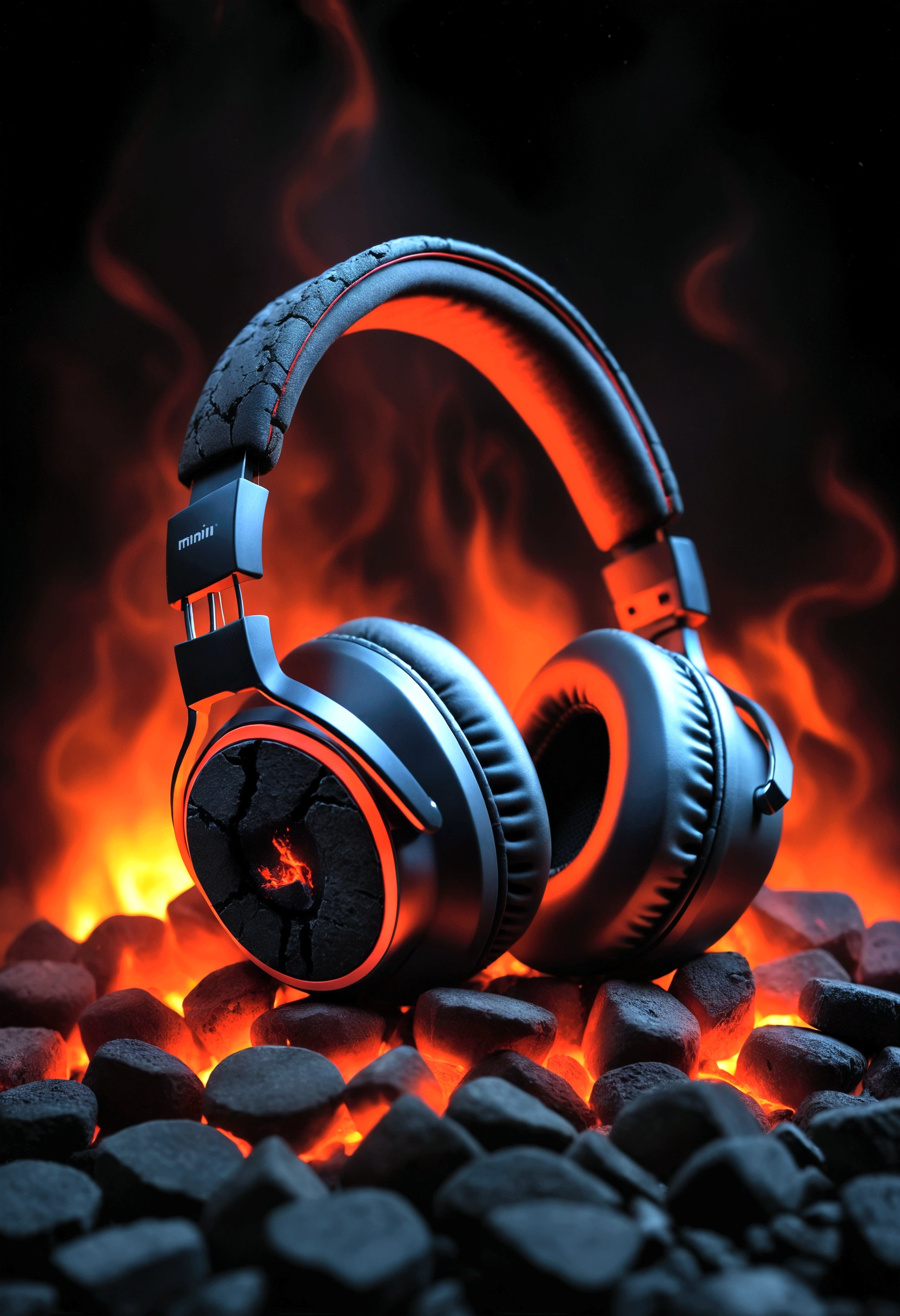 headphones, in a dark atmosphere, hot coals, headphones минималистичные, minimalistic style, стильный design, cold haze, design, dark blurred background, hot coals, red cracks in coals, headphones