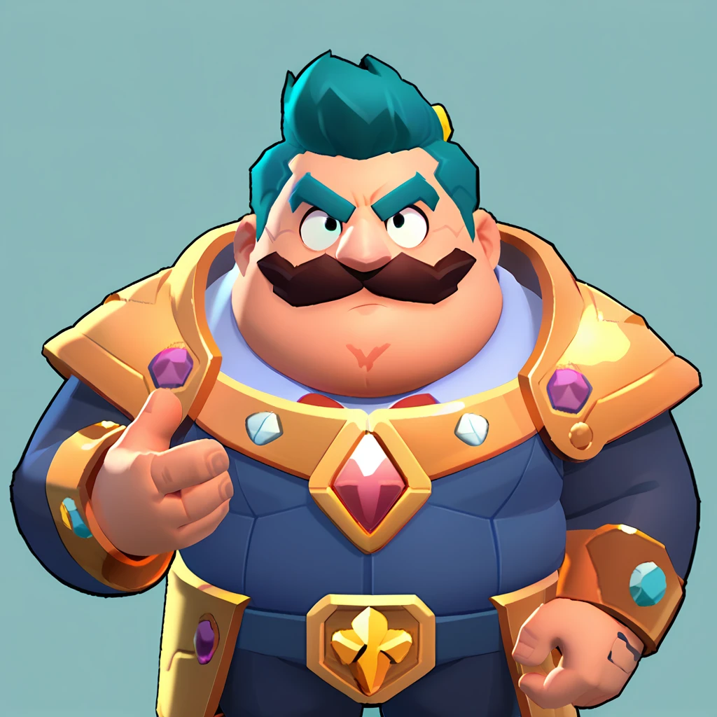 an obese businessman, in a blue suit, blue cyberpunk hairstyle and mustache, in gold armor encrusted with diamonds