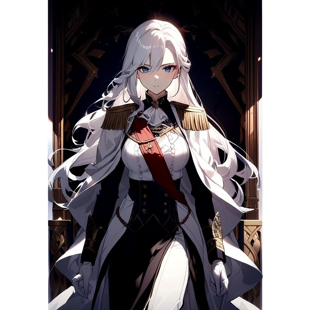 1girl, long hair, noble clothes, military uniform, white gloves, throne room,