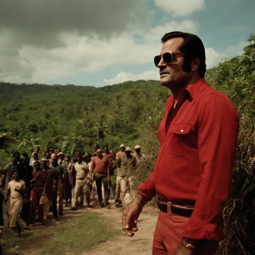 Jim jones from jonestown with his shades on, a red shirt & khaki pants￼