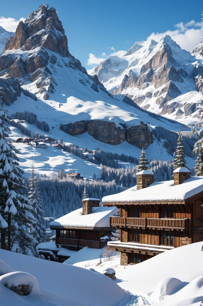 massive city built into snowy mountain, stone buildings