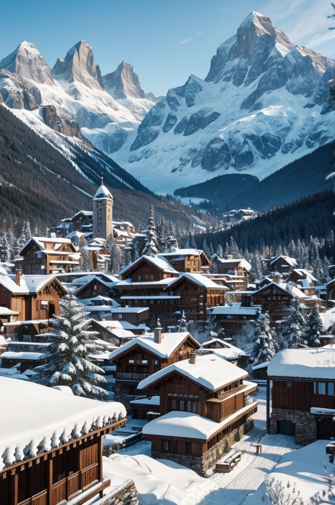 massive city built into snowy mountain, stone buildings
