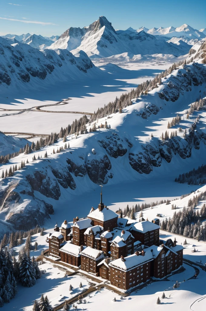 massive city built into snowy mountain, stone buildings