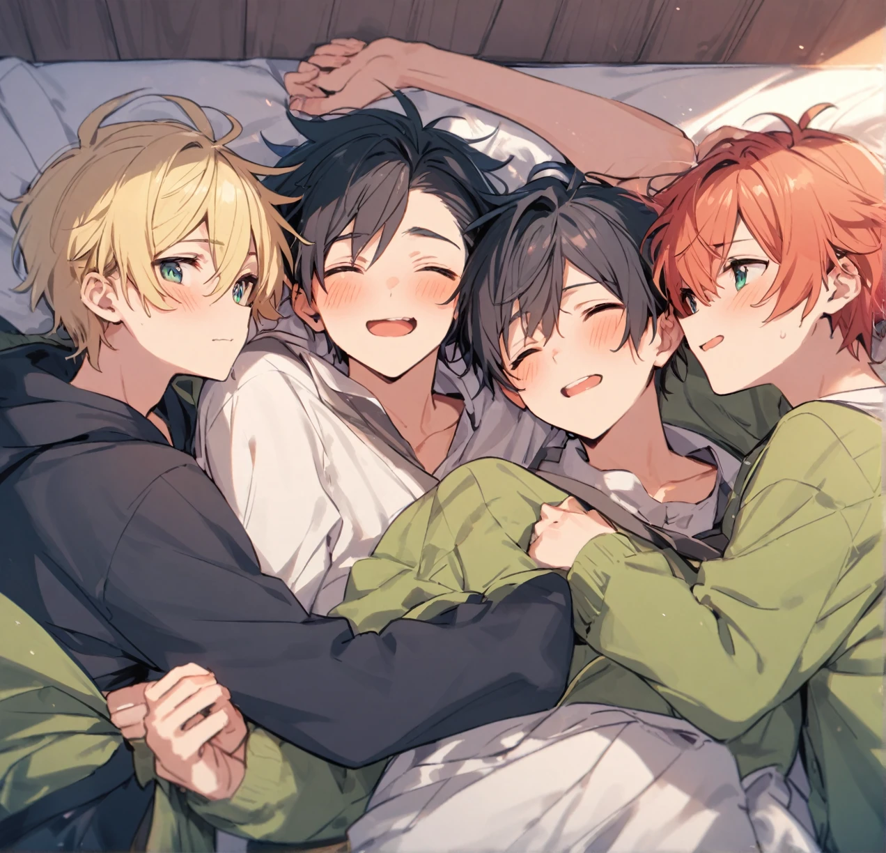 there are three young people sitting together on a bed, adolescent masculino, portrait of a 1 5 boy, Portrait of 1 5 year oldolescent hiperrealista, julian ope, youth still, adolescent, tommy 1 6 years, androgynon, slim young man, boy with neutral face, Iliá Kushinov