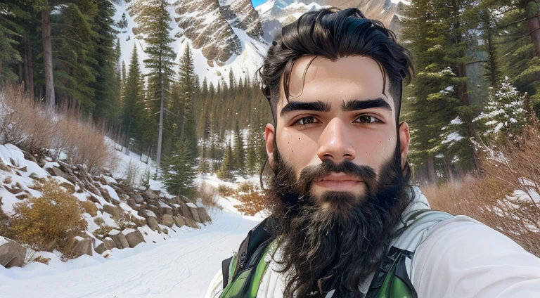 there is a man with a beard and a green vest, 8k selfie photograph, ash thorp khyzyl saleem, with mountains in background, standing in front of a mountain, close - up portrait shot, with mountains in the background, in front of a forest background, with mountains as background, inspired by Kailash Chandra Meher, a portrait of rahul kohli