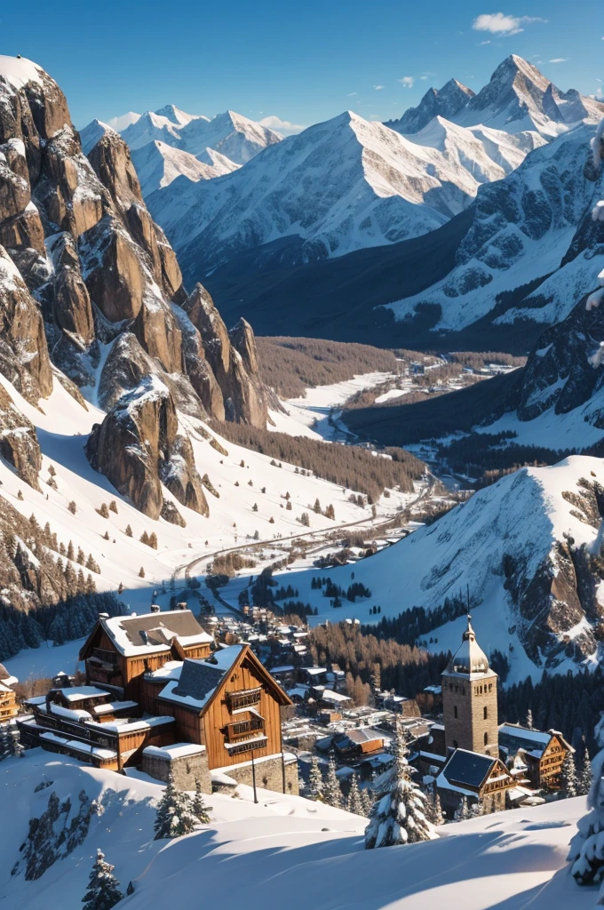 city built into snowy mountain, stone buildings