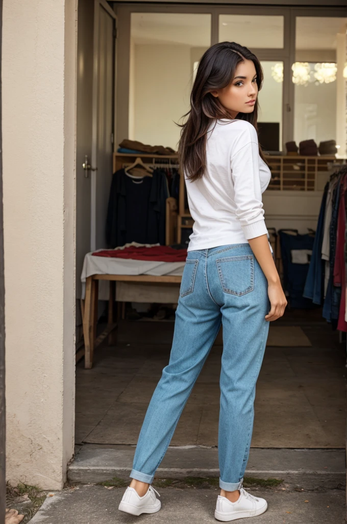 A beautiful hot girl is standing and behind her are only old clothes