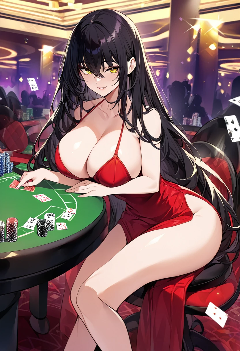 Adult female, busty, hourglass figure, sexy red dress, messy and long black hair, golden yellow irises, defined black pupils, passionate, seductive, sultry smile, casino, poker table, holding cards, sitting in a chair beside a poker table, well defined, perfect definition, high quality, perfect eyes, good hands, perfect hands, crowded casino, 