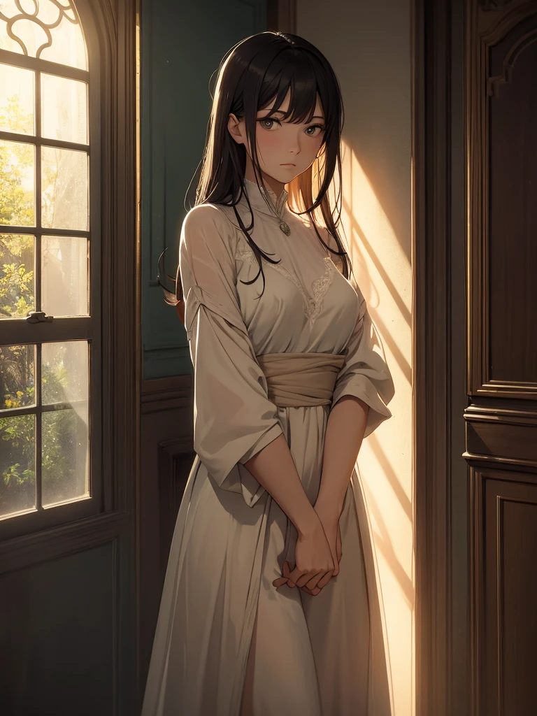 Por favor, create a detailed scene with a large, stoic figure in the center, well lit. The figure must be a stoic philosopher, with classic and serene features, dressed in a white and blue Roman toga, with gold details. Your expression should be calm and contemplative, reflecting wisdom and tranquility. Lighting should be soft and focused on the center of the scene, highlighting the stoic figure, with a soft golden light that creates a halo around your head, symbolizing enlightenment and wisdom. The background must be an old library, with dark leather bookcases and wooden details, including classical elements such as Greek columns and an arched window in the background, through which soft natural light enters. The environment must be calm and organized, with a dark wooden table in front of the figure, on which there must be some parchments, an inkwell with a quill and a lit candle, which adds a soft, complementary light. Add some discreet symbolic elements, like a little statue of a falcon, representing surveillance, and an hourglass, symbolizing time and patience. The floor must be light marble, reflecting light and adding a touch of elegance to the environment.