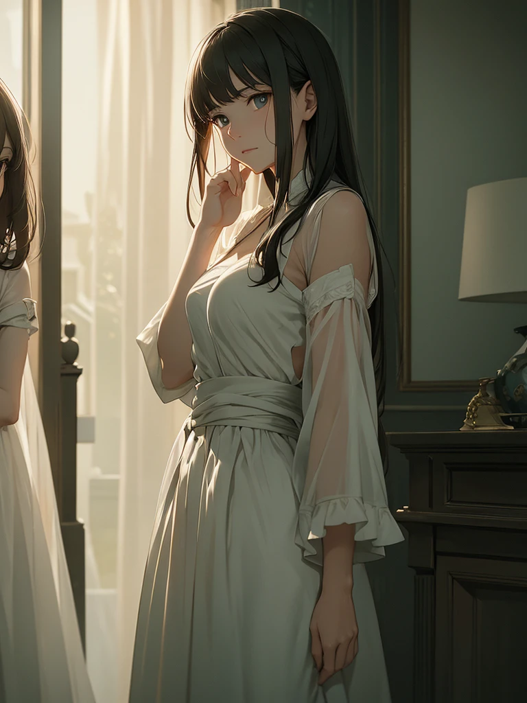 (masterpiece、top-quality、hight resolution、Unity 8k Wallpaper、extremely details CG:1), A reluctant woman stands in a private room, visibly uncomfortable. She has a resigned look on her face as she agrees to the request with a soft voice, saying, "I will pretend not to notice you watching me like that. Please finish quickly." Her posture and expression convey a mix of unease and resignation. The setting is intimate, with soft lighting that adds a touch of solemnity to the scene.
