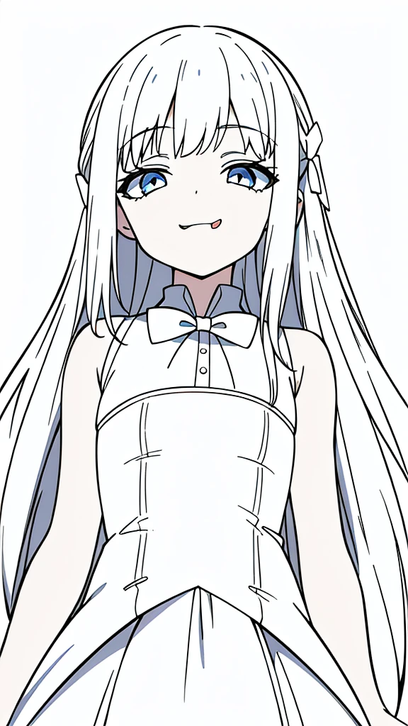(1girl,8 years old,small),white hair,long hair,white dress, sleeveless, bow tie, bare shoulders,(white background,line drawing),squinted eyes,:D, tongue out,evil smile,from below