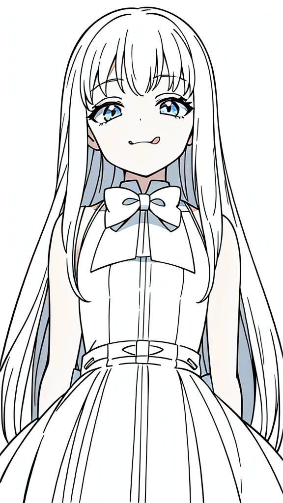 (1girl,8 ,small),white hair,long hair,white dress, sleeveless, bow tie, bare shoulders,(white background,line drawing),squinted eyes,:D, tongue out,evil smile,from below