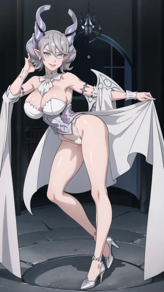 High level image quality best image quality 8K adult woman silver castle outside more colors whole body view portrait horn ears short hair((shortcut)(gray hair)(perm)(fluffy)) eye color is blue , , attractive evil face , smile , sexy pose , labrynth , barearm , wearing pink , large wings , standing , crossed legs, view foot arc , view behind