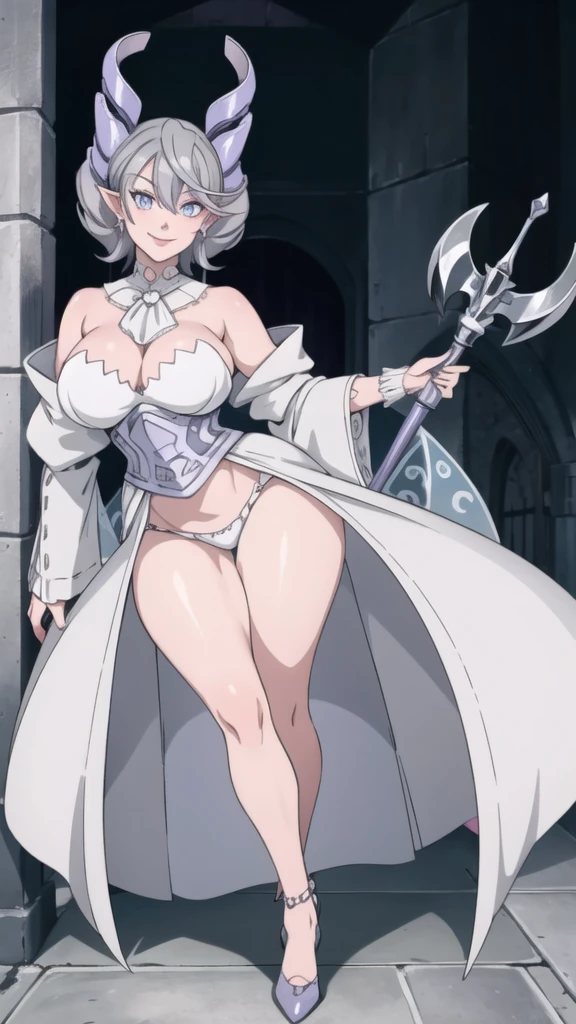   High level image quality　best image quality　8K　 adult woman   silver castle outside  more colors   whole body view　portrait   　horn    ears  　short hair（（shortcut）（gray hair）（perm）（fluffy））　eye color is blue ,  , 　attractive evil face , smile    ,  sexy pose   ,  labrynth ,  barearm    , wearing pink , large wings    , standing  , crossed legs, view foot arc   , view behind