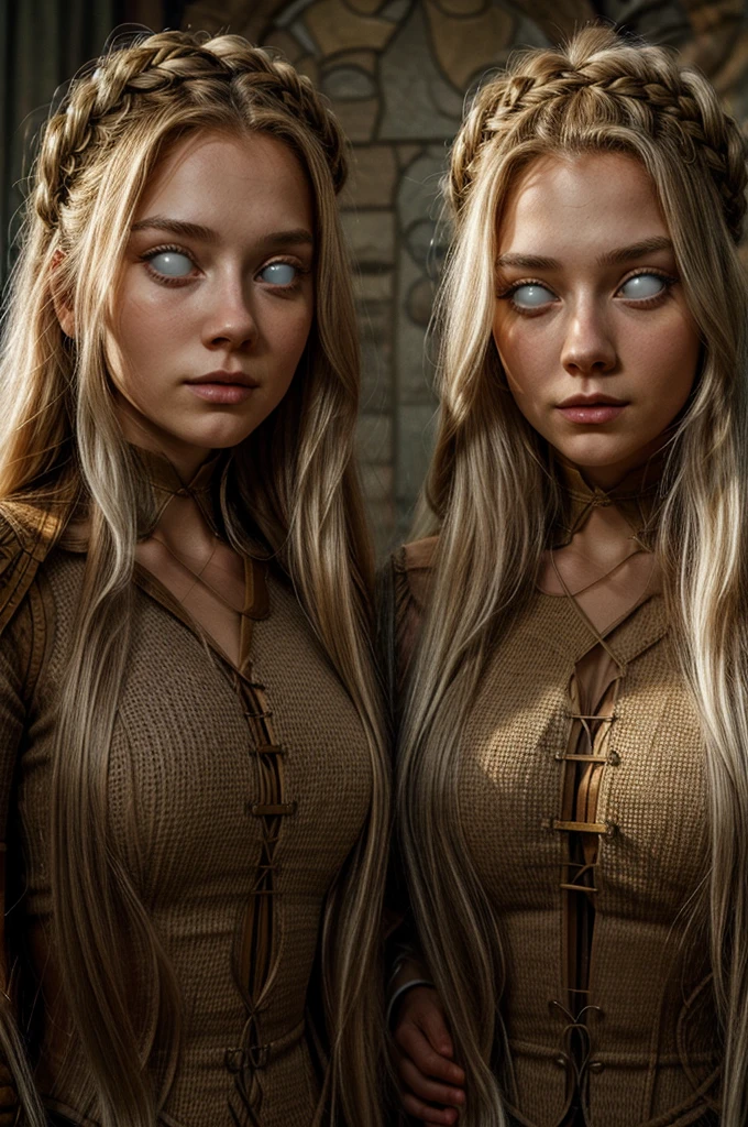 2 Scandinavian girls with Rapunzel Hair, Hourglass figure, a mind control device on their heads, blank eyes