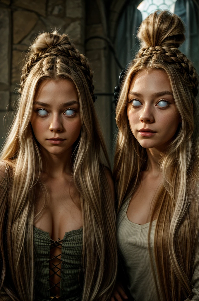 2 Scandinavian girls with Rapunzel Hair, Hourglass figure, a mind control device on their heads, blank eyes